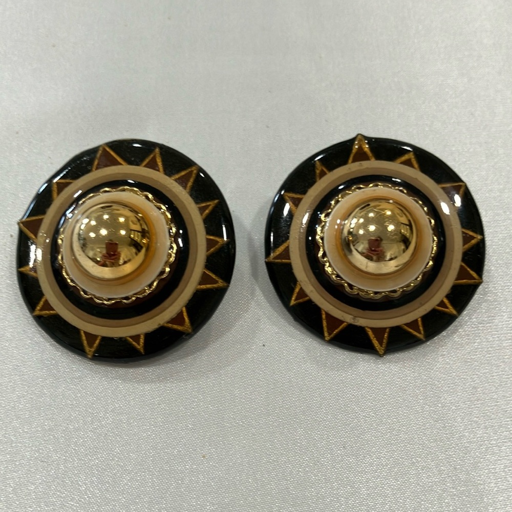 Signed DCZ black, brown and gold Lucite Disc Clip-On Earrings